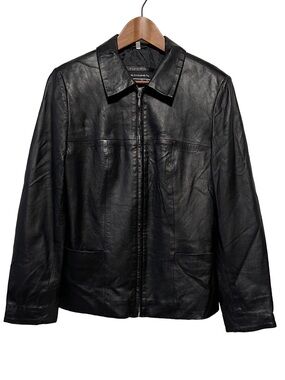 Black Genuine Leather Jacket 90s Y2K Minimalist Zip Front Grunge Womens 8